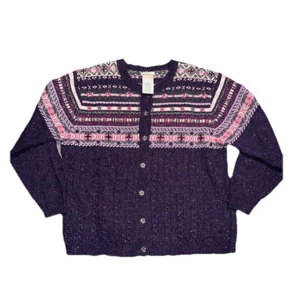 VTG Northern Reflections Women's Sweater Cardigan Floral Wool Blend Sz L Purple - Picture 2 of 7